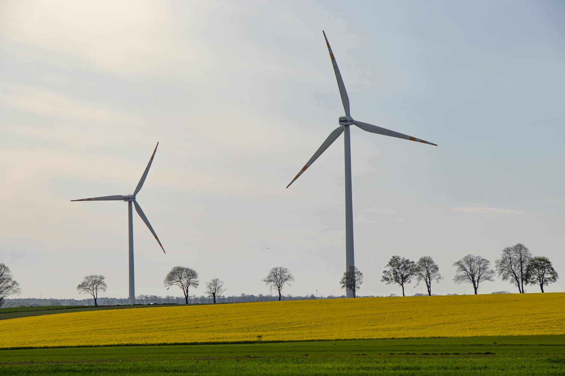 Wiatraki na tle zielono‑żółtych pól polskiej wsi
