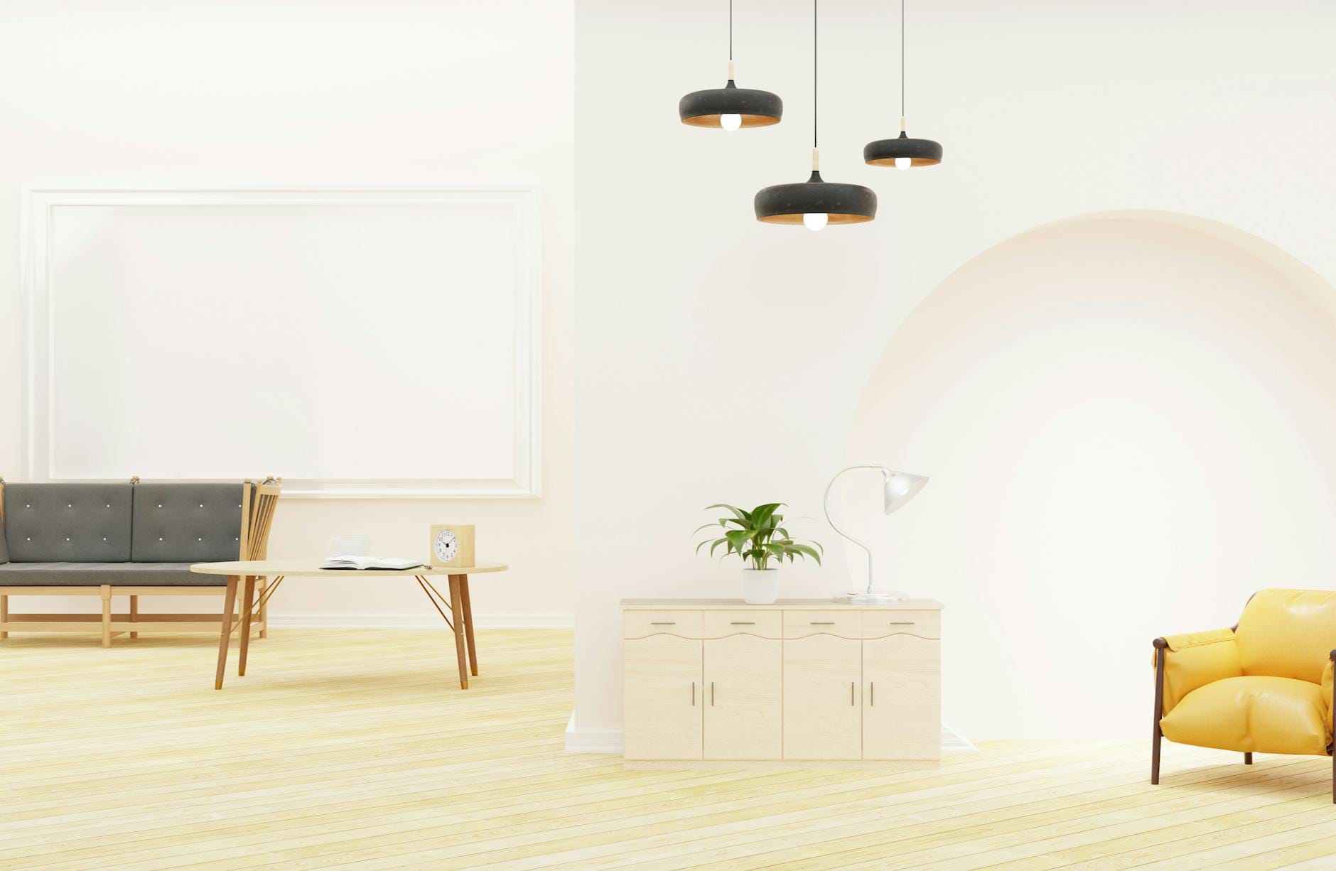 Jasny skandynawski salon z minimalistycznymi meblami