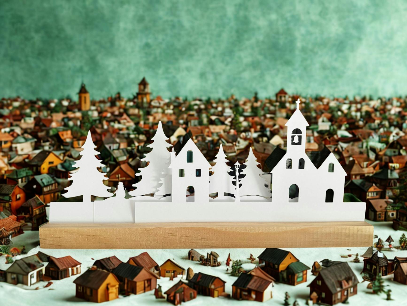 Papierowe zimowe miasteczko na tle ośnieżonej, miniaturowej wioski